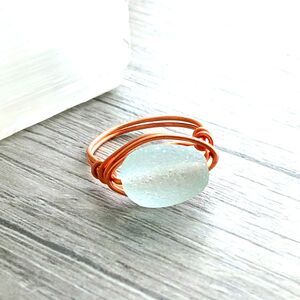 Sea Glass Beaded Ring, Stackable Copper Wire Ring, Boho Chic, Size 6
